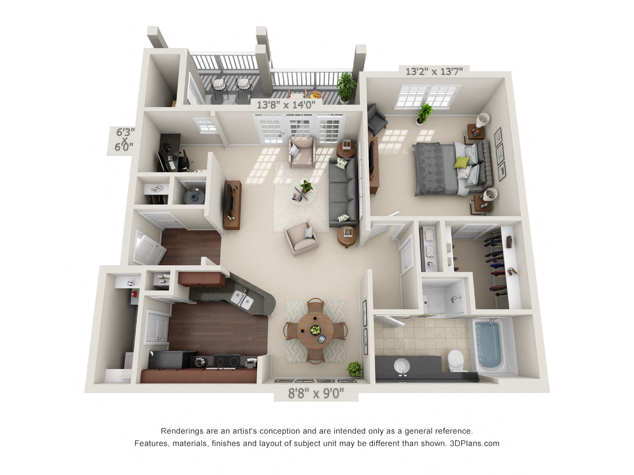 Floor plan for 1 bed, 1 bath, 906 sqft